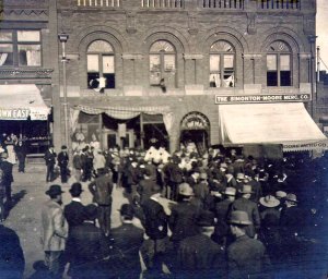 The Miners Union Hall in Victor is pictured here during the tumultuous labor wars of 1903. Most unfortunately the building was severely damaged during a recent fire, leading one to wonder whether the ghostly apparition of a man still appears in an upstairs window.